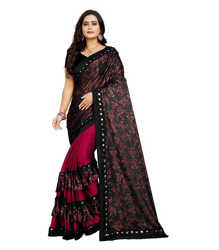 Printed, Floral Print Fashion Lycra Blend Saree (Maroon, Black)