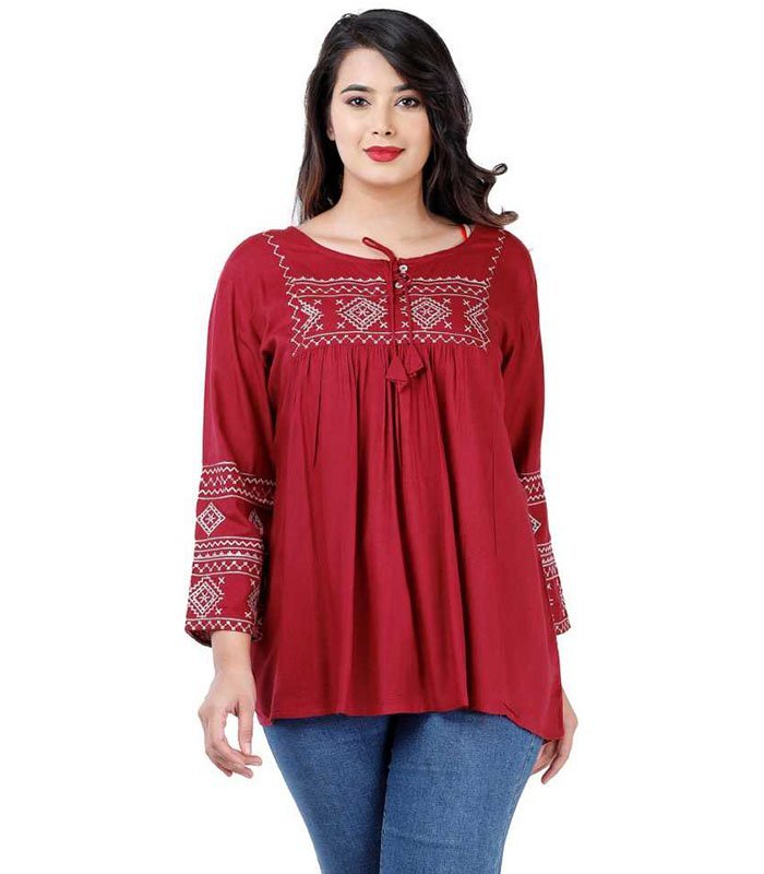 Women Embroidered Rayon Cape Top Kurta (Maroon)