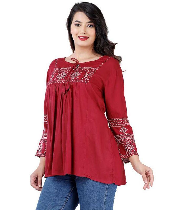 Women Embroidered Rayon Cape Top Kurta (Maroon) - Image 4