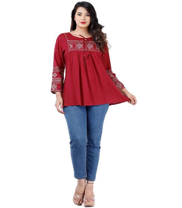 Women Embroidered Rayon Cape Top Kurta (Maroon) - Image 5