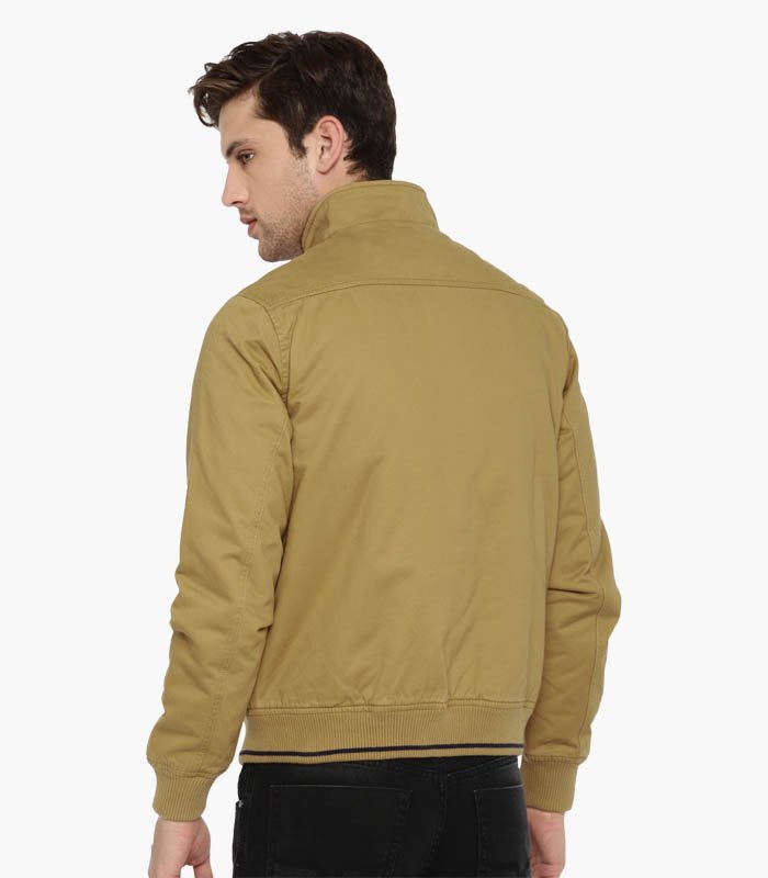 Men Khaki Solid Bomber Jacket - Image 2