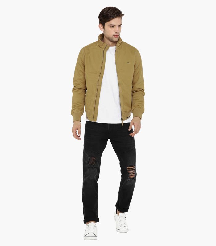 Men Khaki Solid Bomber Jacket - Image 5