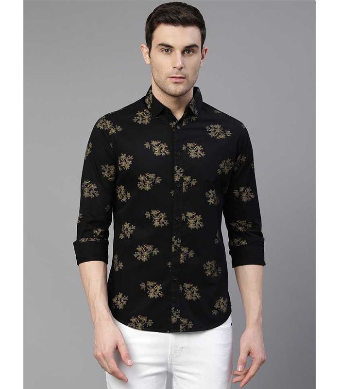 DL Men Slim Fit Floral Print Spread Collar Casual Shirt