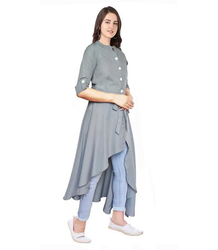Gliter Fashion Women Solid Crepe Frontslit Kurta (Grey) - Image 3
