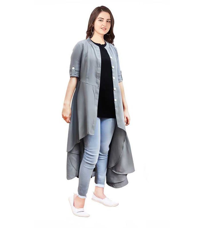 Gliter Fashion Women Solid Crepe Frontslit Kurta (Grey) - Image 5