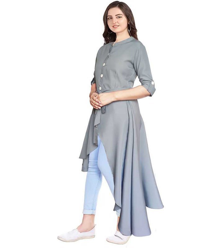 Gliter Fashion Women Solid Crepe Frontslit Kurta (Grey) - Image 6