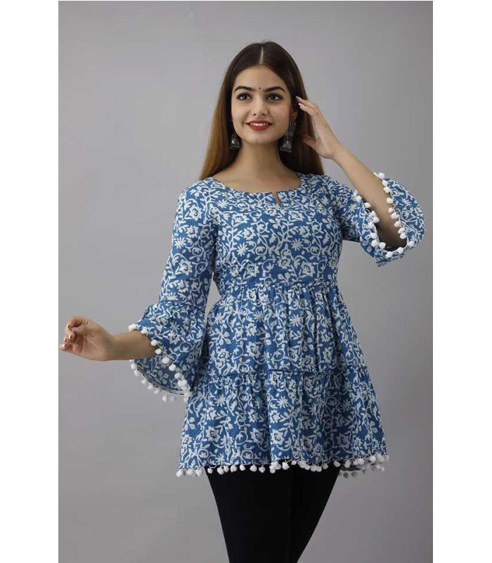 Casual Bell Sleeve Floral Print, Printed Women Light Blue Top - Image 2