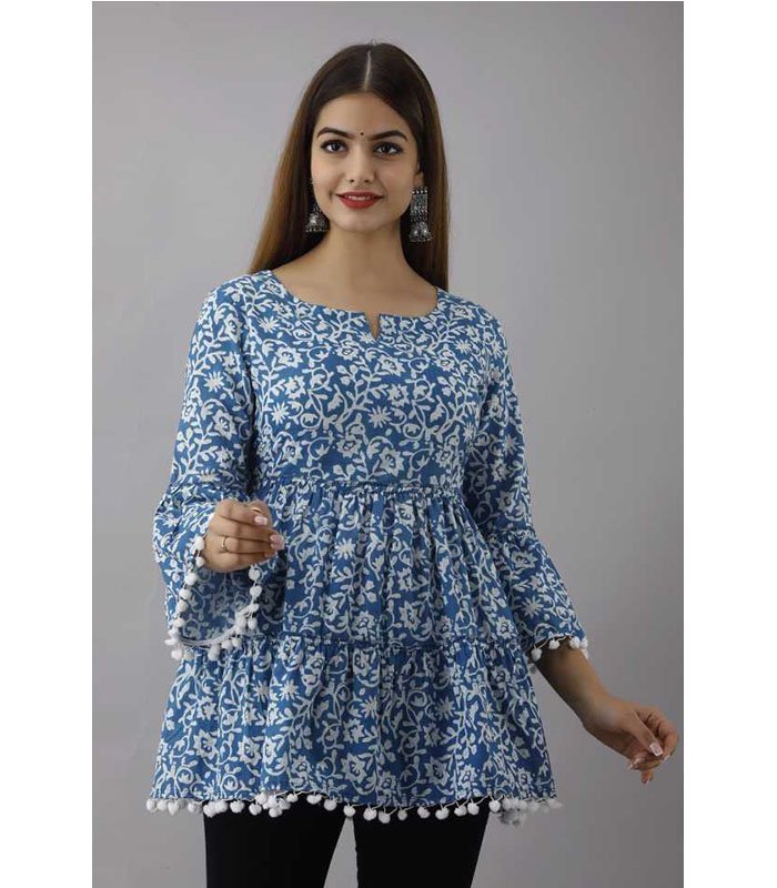Casual Bell Sleeve Floral Print, Printed Women Light Blue Top - Image 6