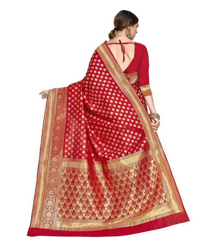 Woven Banarasi Silk Blend, Jacquard Saree (Red) - Image 3