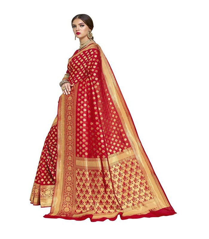 Woven Banarasi Silk Blend, Jacquard Saree (Red) - Image 4