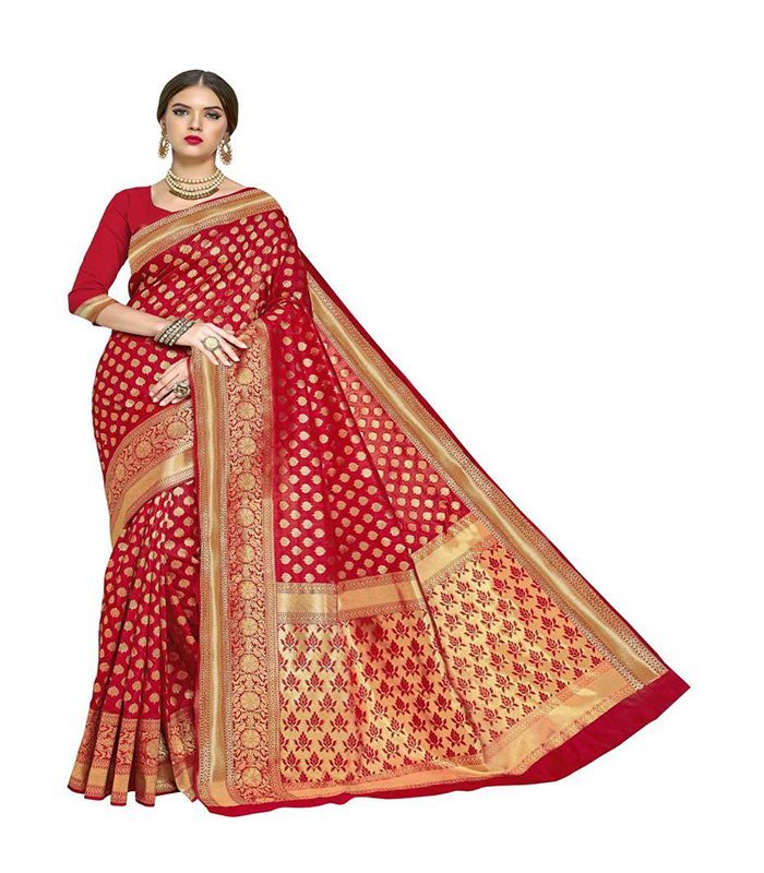 Woven Banarasi Silk Blend, Jacquard Saree (Red) - Image 5