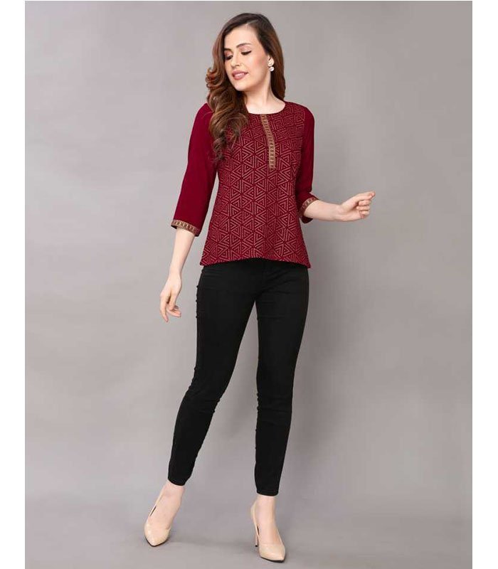 Casual 3/4 Sleeve Geometric Print, Printed Women Maroon Top - Image 2